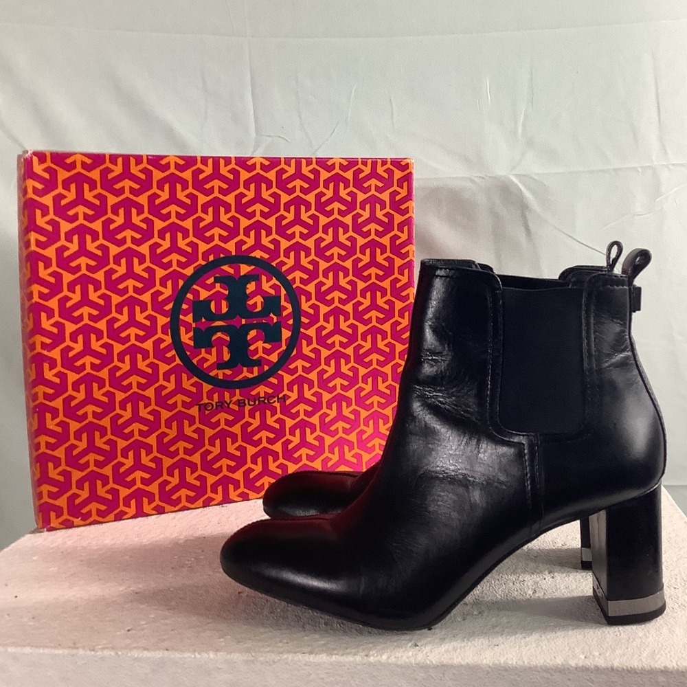 Tory Burch Black Leather Chelsea Ankle Boots Block Heel Metallic Trim Logo